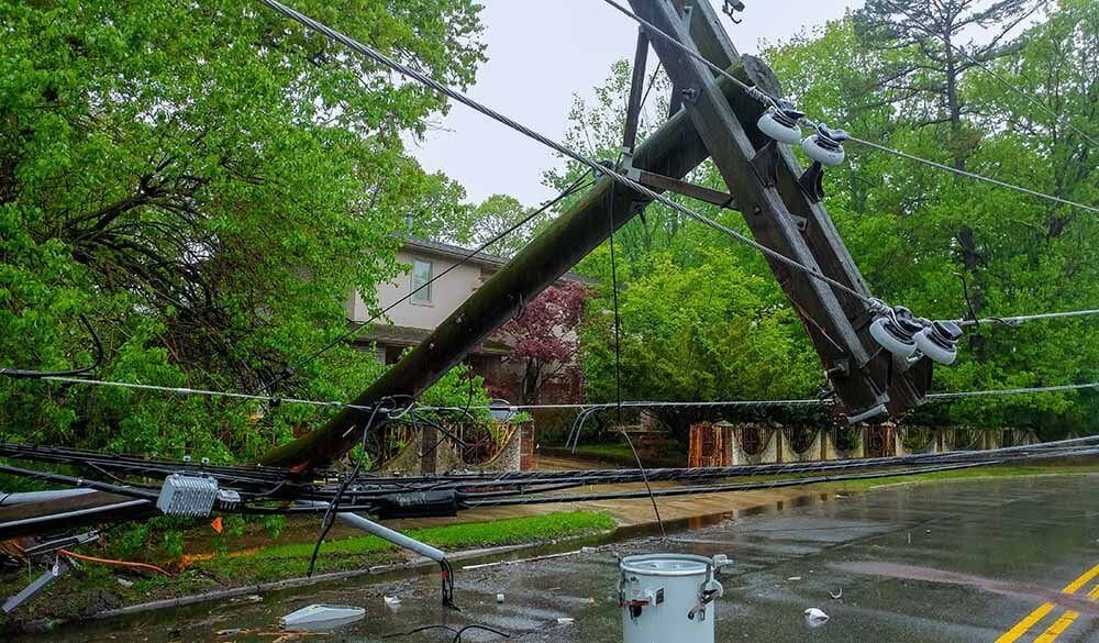 Power lines after a storm has wreaked a havoc in a local neighborhood