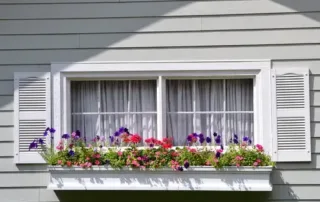 Window and siding with a beautiful flower covered window sill beneath the open blinds