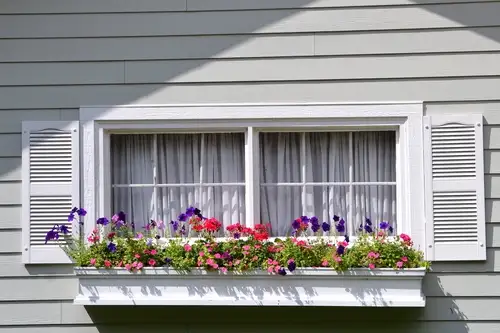 10_Things_to_know_about_your_home_siding_Aurum_Contracting_WI_and_IL Window and siding with a beautiful flower covered window sill beneath the open blinds