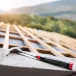 Roof Replacement or installation construction project that's half way done and hammer in the foreground